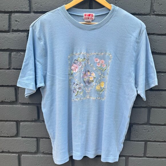 VINTAGE T Shirt Womens Plus Size 3XL Pastel Blue Floral Print Embroidery Top Boh - Picture 1 of 10